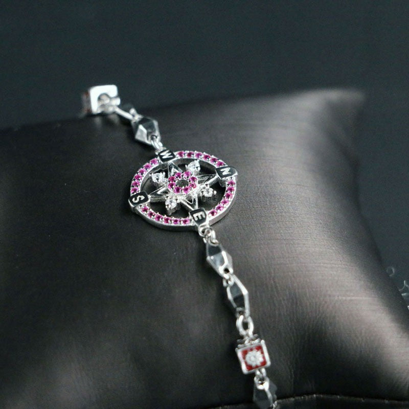 Bracciale uomo in argento 925 modello rosa dei venti con zirconi rosa