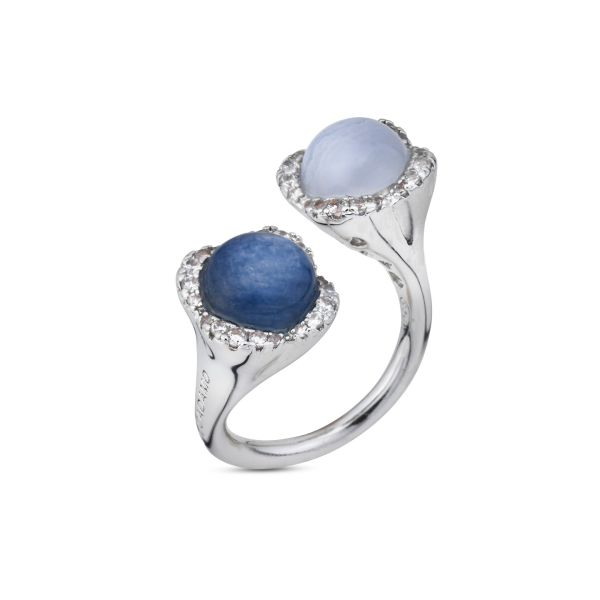 Boccadamo - Anello argento contrarié con fiori agata blu, cianite e zirconi /placcato con fiori quarzo rosa, ametista e zirconi / placcato con fiori amazzonite, madre perla e zirconi.