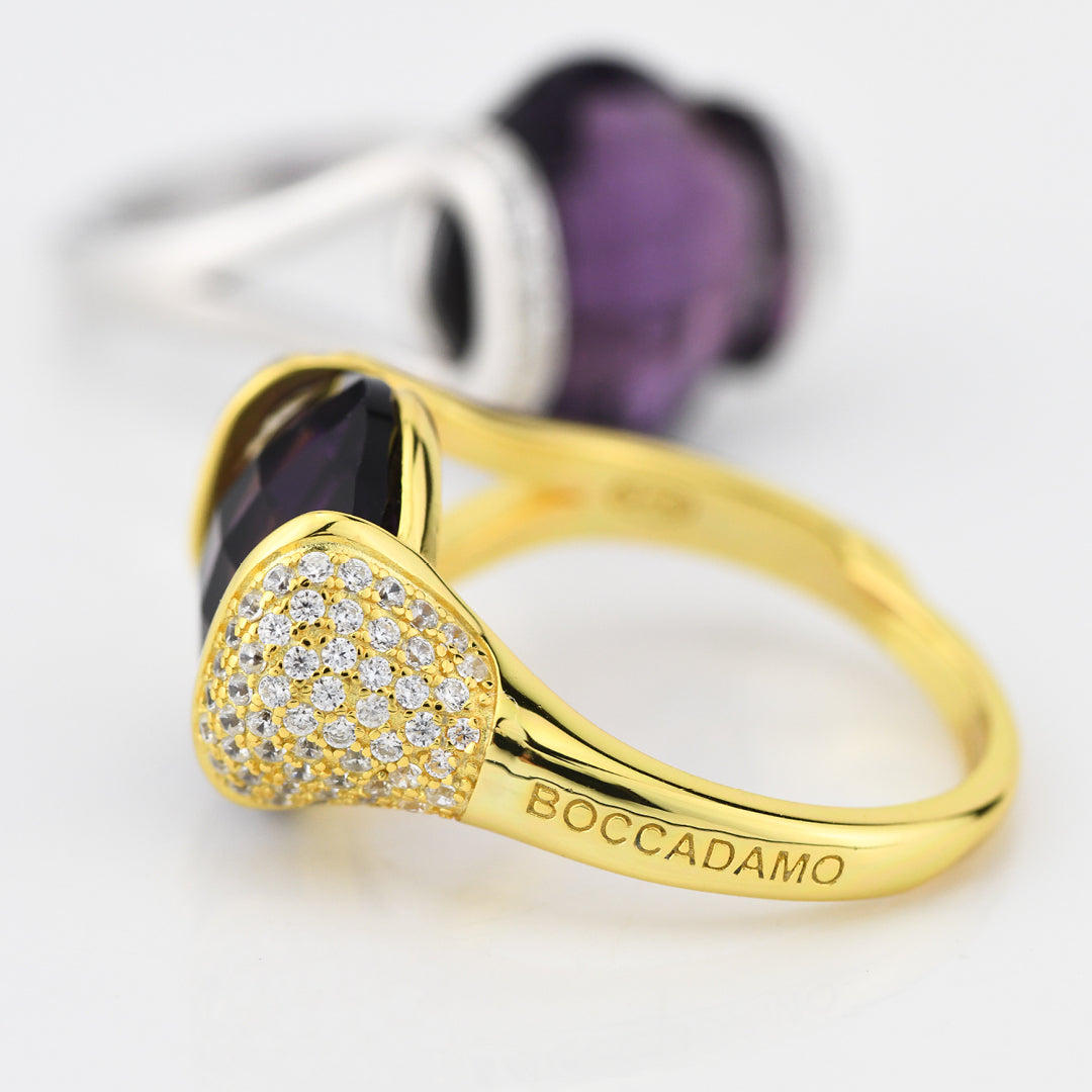 Boccadamo - Anello in argento placcato oro giallo con cristallo ametista e zirconi